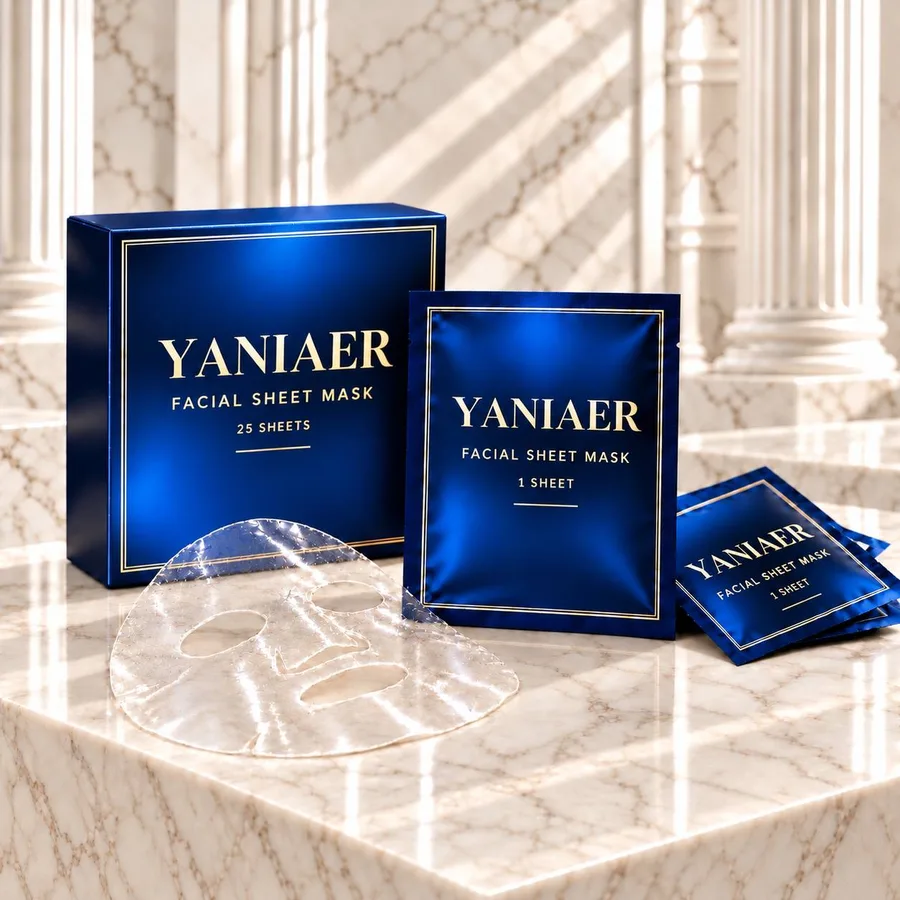 YANIAER Facial Sheet Mask box, sachets and crystal sheet on marble