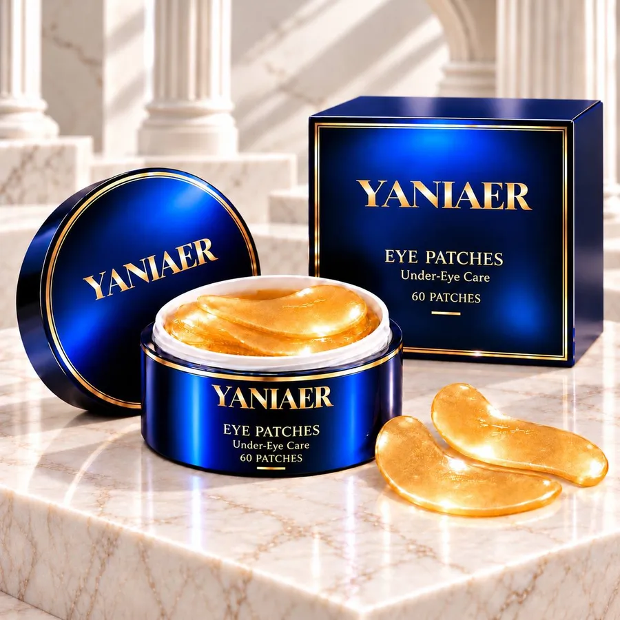 YANIAER Eye Patches jar and box with golden patches in a marble colonnade